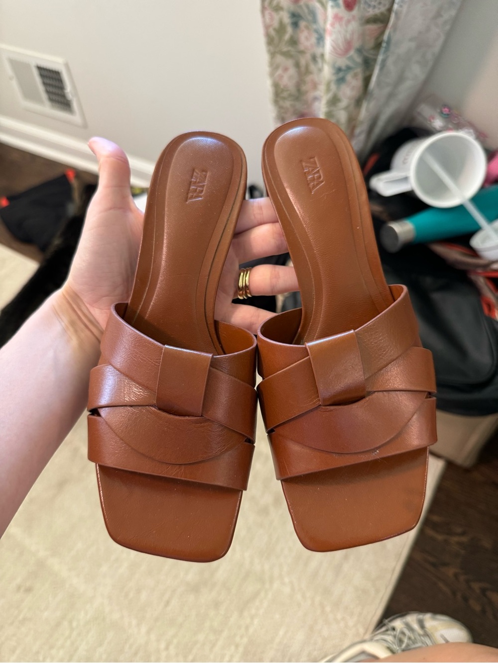 Zara Tan Braided Leather Slide Mules